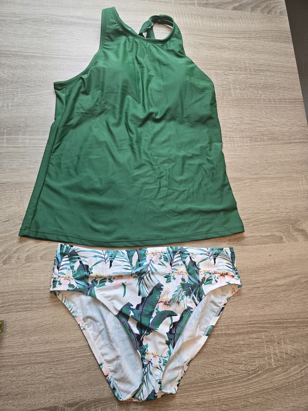 Women’s Green Tankini Top and Tropical Bikini Bottoms